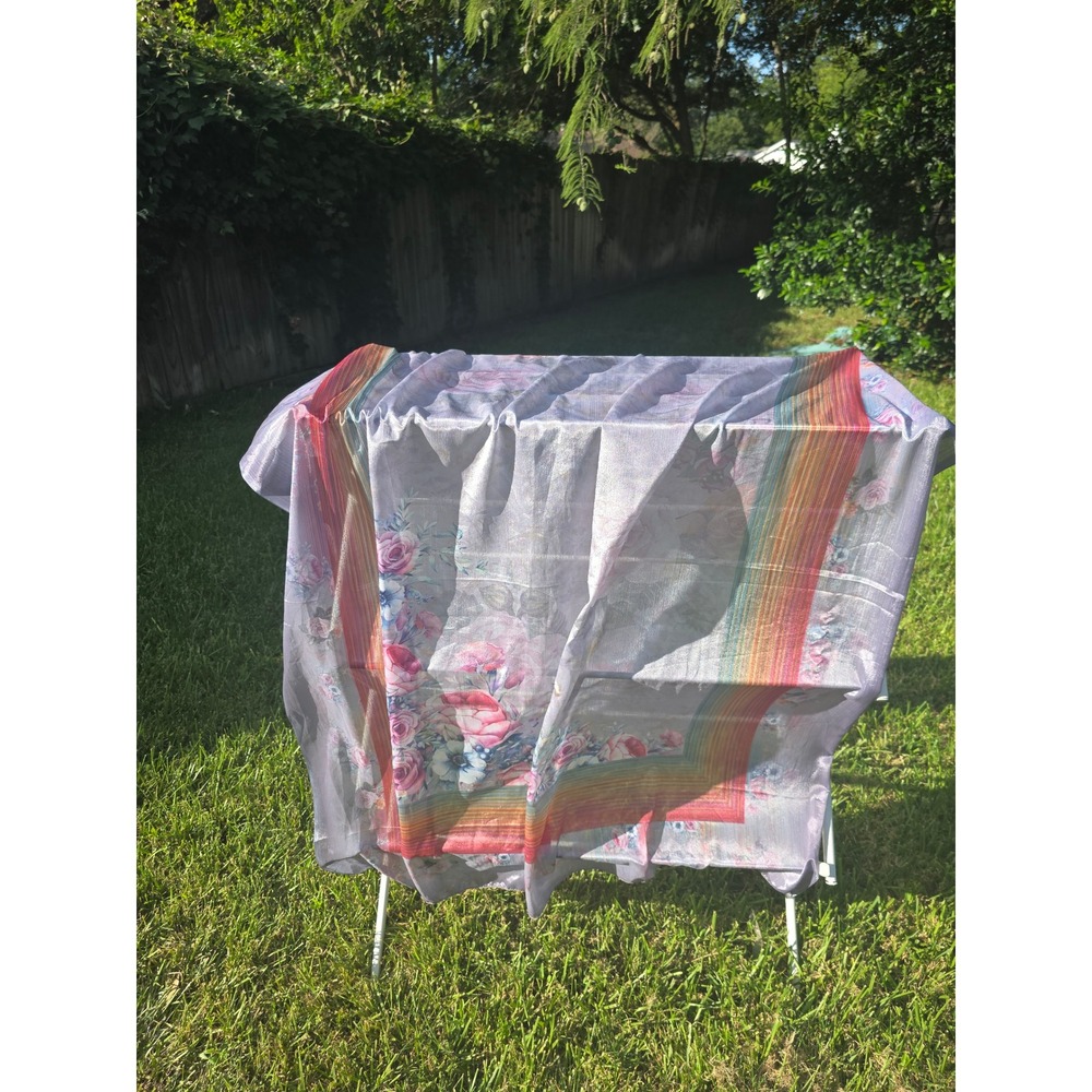 Lavender Floral Scarf Metallic Lurex Shimmer Pink Rose Rainbow Stripe Border - Picture 7 of 7